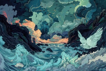 Obraz premium A beautiful painting of a bird flying over a serene body of water. Ideal for nature and wildlife themes