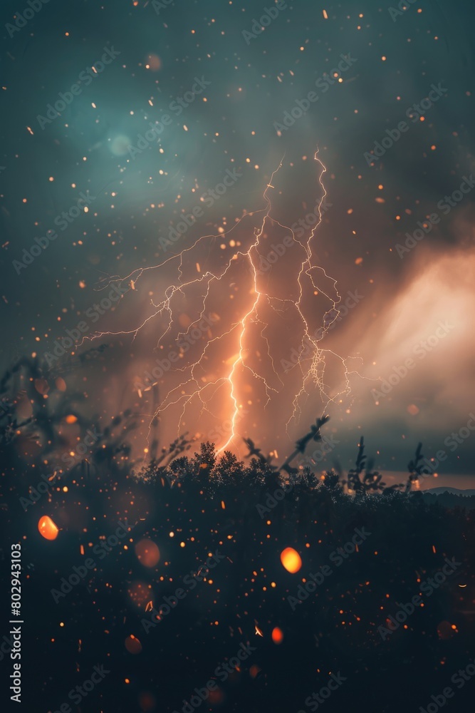 Poster powerful lightning bolt striking through a dramatic cloudy sky. ideal for weather or natural disaste