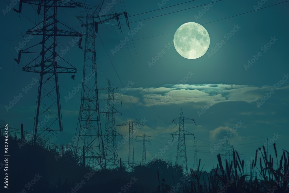 Aufkleber A striking image of a full moon shining over power lines. Ideal for science or astronomy related projects