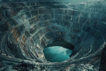 A scenic view of a large open pit filled with water and rocks. Ideal for industrial, nature, or environmental concepts
