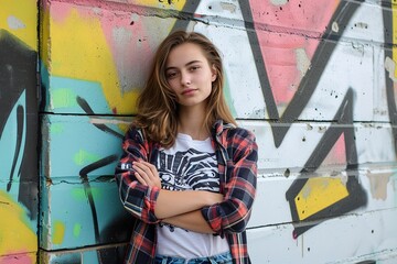 pretty young woman Urban graffiti backdrop pose photo on white isolated background