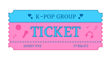 Ticket to a k-pop group concert decorated with musical notes, a microphone, a disc and headphones. Vector illustration isolated on a white background