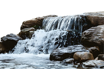 Crystal-clear waterfall cascading over rocks. Transparent background.


