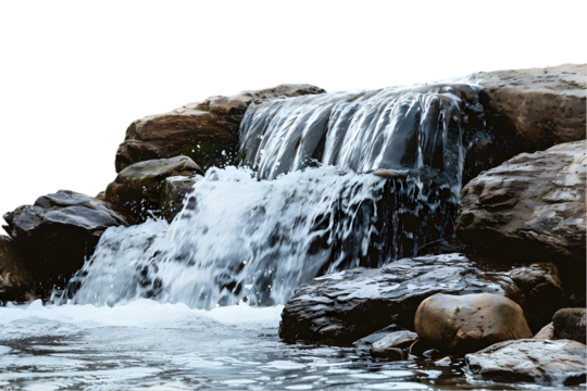Crystal-clear waterfall cascading over rocks. Transparent background.


