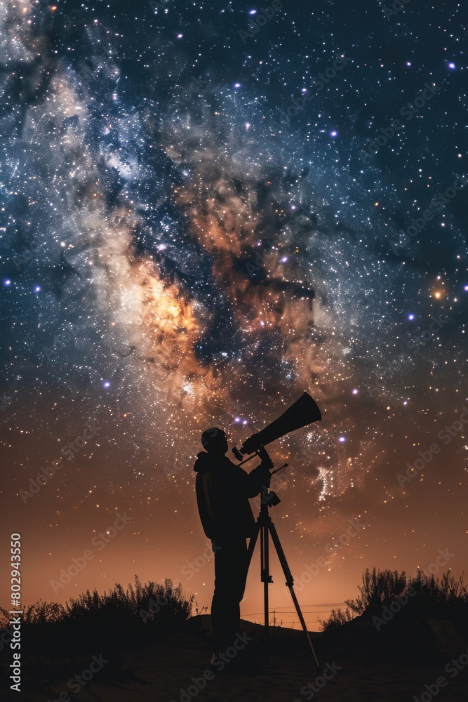 Poster Man using telescope to observe stars. Suitable for astronomy enthusiasts