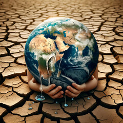 Human hands hoding earth. Dry cracked land. global warming nature disaster