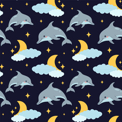 Vintage pattern with a dolphin and golden stars and a crescent on a dark blue background. Trendy modern seamless pattern. Vector illustration. Design for wallpaper, textile, wrapping paper, cards.