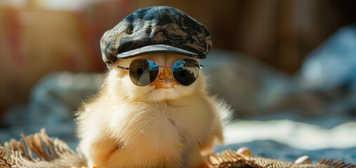 Obraz premium A small chicken wearing sunglasses and a hat. Ideal for humorous and quirky designs