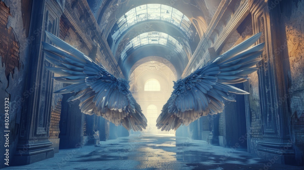 Poster two large white wings flying through a building. suitable for creative and fantasy concepts