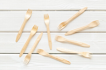 Pattern of wooden eco friendly disposable forks. Zero waste concept
