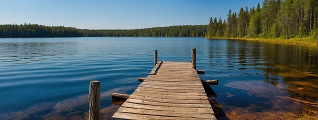 Obraz premium Beautiful lake on a summer day and an old rustic wooden dock or pier in Finland, Sun shining on forest and woods in blue sky