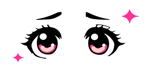 Cute kawaii pink anime eyes with sparkles and long lashes of a manga girl cartoon character.