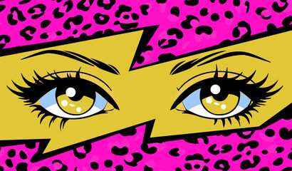 Pop art vector collage of anime style eyes with 90's neon retro makeup and leopard print on the background. Fashionable manga-inspired design. © local_doctor