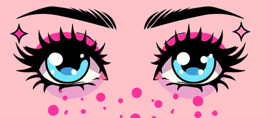 Pop art anime eyes in neon colors. Fashionable manga-inspired design.