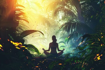 A person sitting in a lotus position in the middle of a jungle. Suitable for wellness and meditation concepts