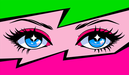 Pop art vector illustration of anime style eyes with 90's neon retro makeup. Fashionable manga-inspired design.