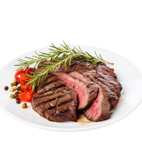 Succulent grilled steaks on a plate with roasted tomatoes and rosemary, embodying a delicious gourmet meal. Generative AI