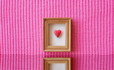 Heart-Shaped Cookie Postcard. Wooden Handmade Frame. Knitted Woolen Pink Background. Mother's Day...