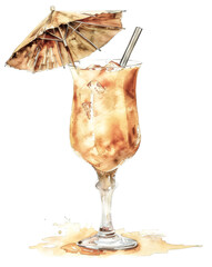 Tropical cocktail with umbrella in watercolor style