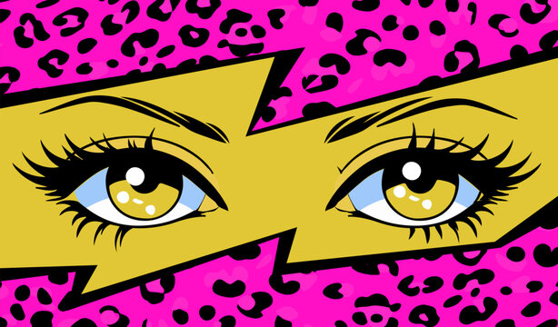 Pop art vector collage of anime style eyes with 90's neon retro makeup and leopard print on the background. Fashionable manga-inspired design.
