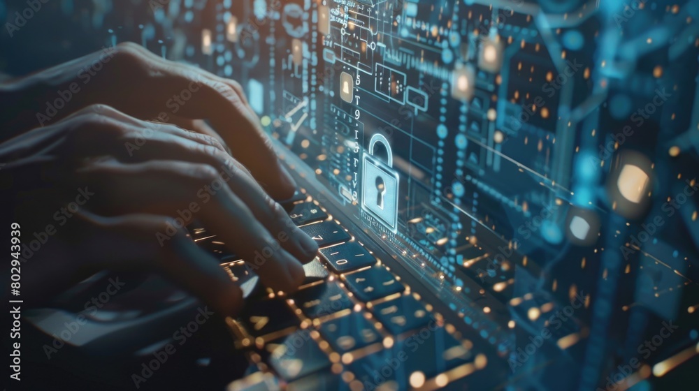 Aufkleber person typing on a laptop with a lock on the keyboard, suitable for cybersecurity concepts