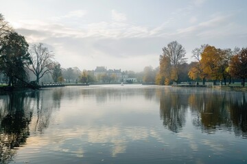 Serene lake with lush greenery, ideal for nature backgrounds
