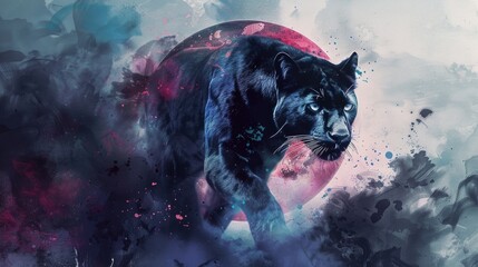 Majestic black panther walking in front of a full moon. Ideal for wildlife and nature concepts