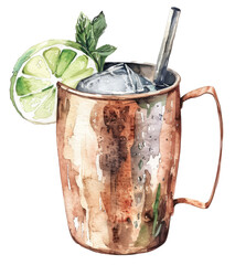 Watercolor illustration of a Moscow Mule cocktail