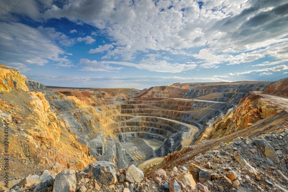 Poster A large open pit in the middle of a mountain, suitable for industrial and mining concepts