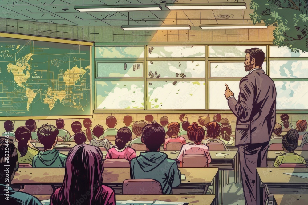 Poster a man standing in front of a classroom full of students. ideal for educational concepts