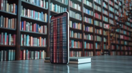 Wooden surface with a smartphone displaying book spines, representing digital reading against a library background
