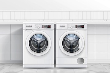 White washer and dryer in a clean, modern room. Ideal for household appliance concepts
