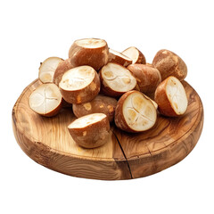 Front view of a pile of cut water chestnuts on a wooden chopping board isolated on a white transparent background