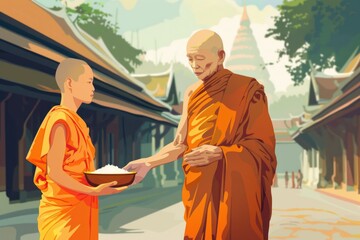 A man giving food to a monk. Suitable for charity or religious concepts