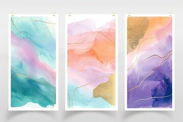 Three colorful watercolor paintings displayed on a wall. Perfect for interior design projects