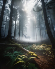 Mystische geheimnisvolle Szenen im Wald - Hirsch Silhouette im Nebel auf einer Lichtung zwischen Bäumen - AI gneriert