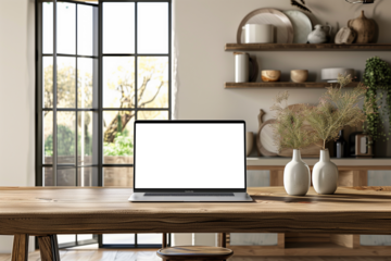 Laptop computer on a wooden table in a modern interior with green plants and sunlight