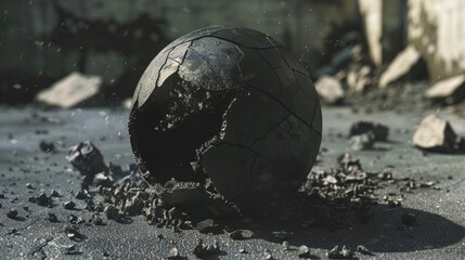 A soccer ball resting on a pile of rubble. Suitable for sports or post-apocalyptic themes