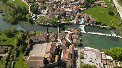 Beautiful panoramic aerial top view of the mill village of Borghetto sul Mincioin Veneto, Italy....