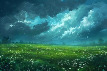 Thunderstorm over a verdant summer meadow