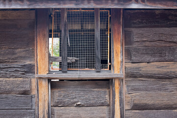 window frame grille, rustic historic timber cottage architecture, pioneer settler house cabin, vintage time building construction material