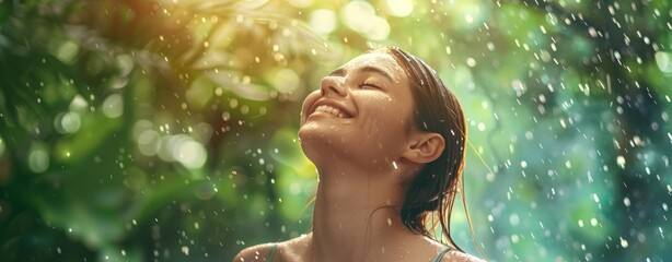 Happy smiling woman is under the rain. Stunning golden sun rays shine on playful young woman enjoying a summer rain