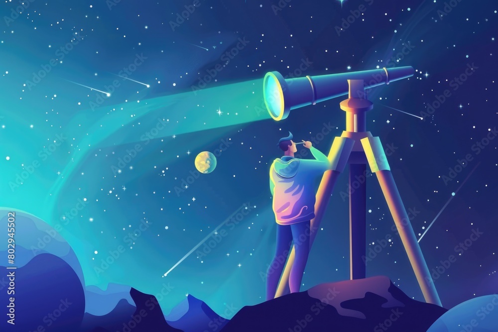 Poster A man observing stars through a telescope, suitable for astronomy concepts
