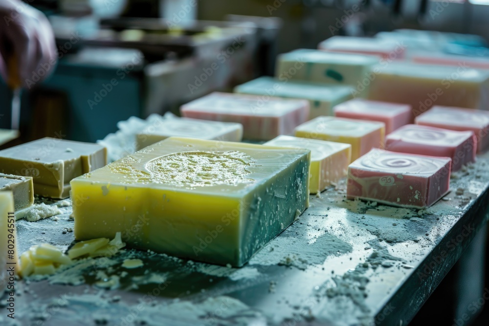Poster a variety of vibrant colored soap bars displayed on a counter. ideal for hygiene and beauty product 