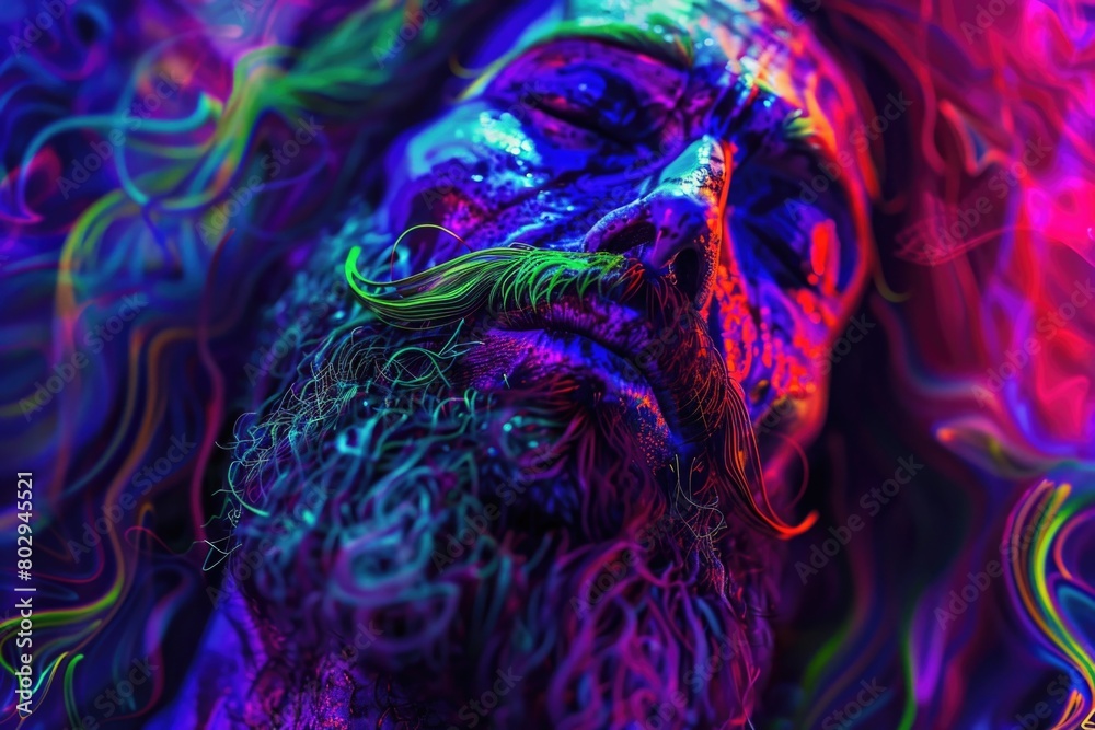 Poster close up of a man with long hair and a beard, suitable for various projects