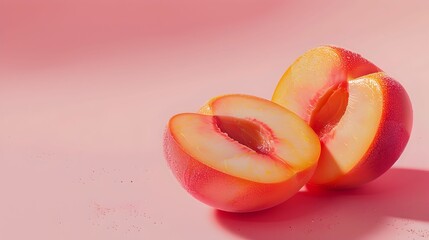 Close-up of juicy, freshly cut plums with droplets of water on a smooth pink backdrop, highlighting their vivid texture and color.
