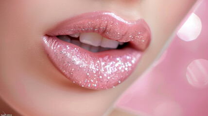A woman's lips are covered in glittery pink lip gloss