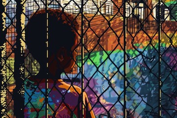 A person standing in front of a fence with graffiti. Ideal for urban-themed projects - obrazy, fototapety, plakaty