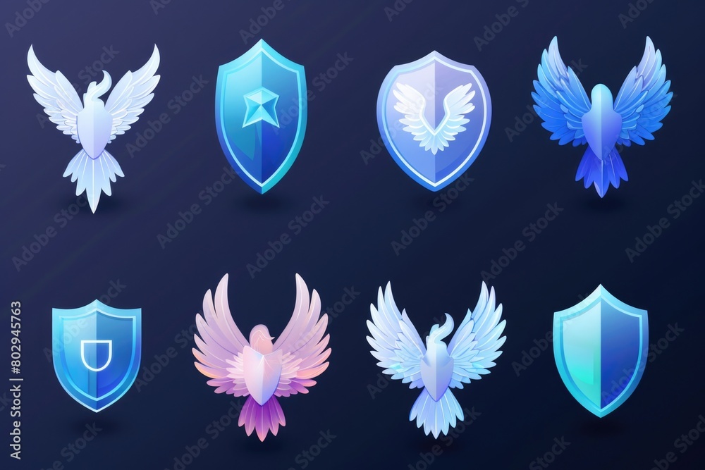 Poster A set of different colored shields with wings, perfect for various design projects