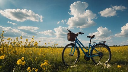 Naklejka premium Beautiful spring summer natural landscape with a bicycle on a flowering meadow against a blue sky with clouds on a bright sunny day